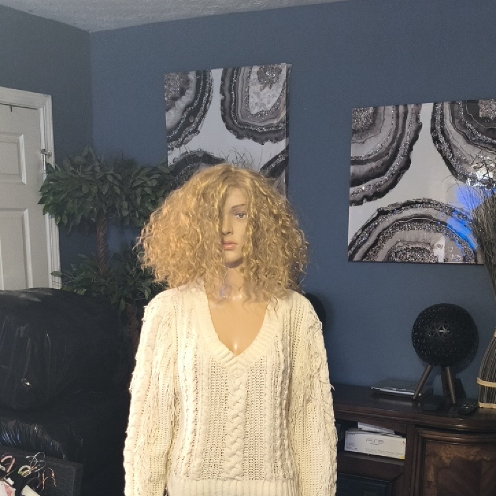 Blonde Curly Wig with Cream Sweater